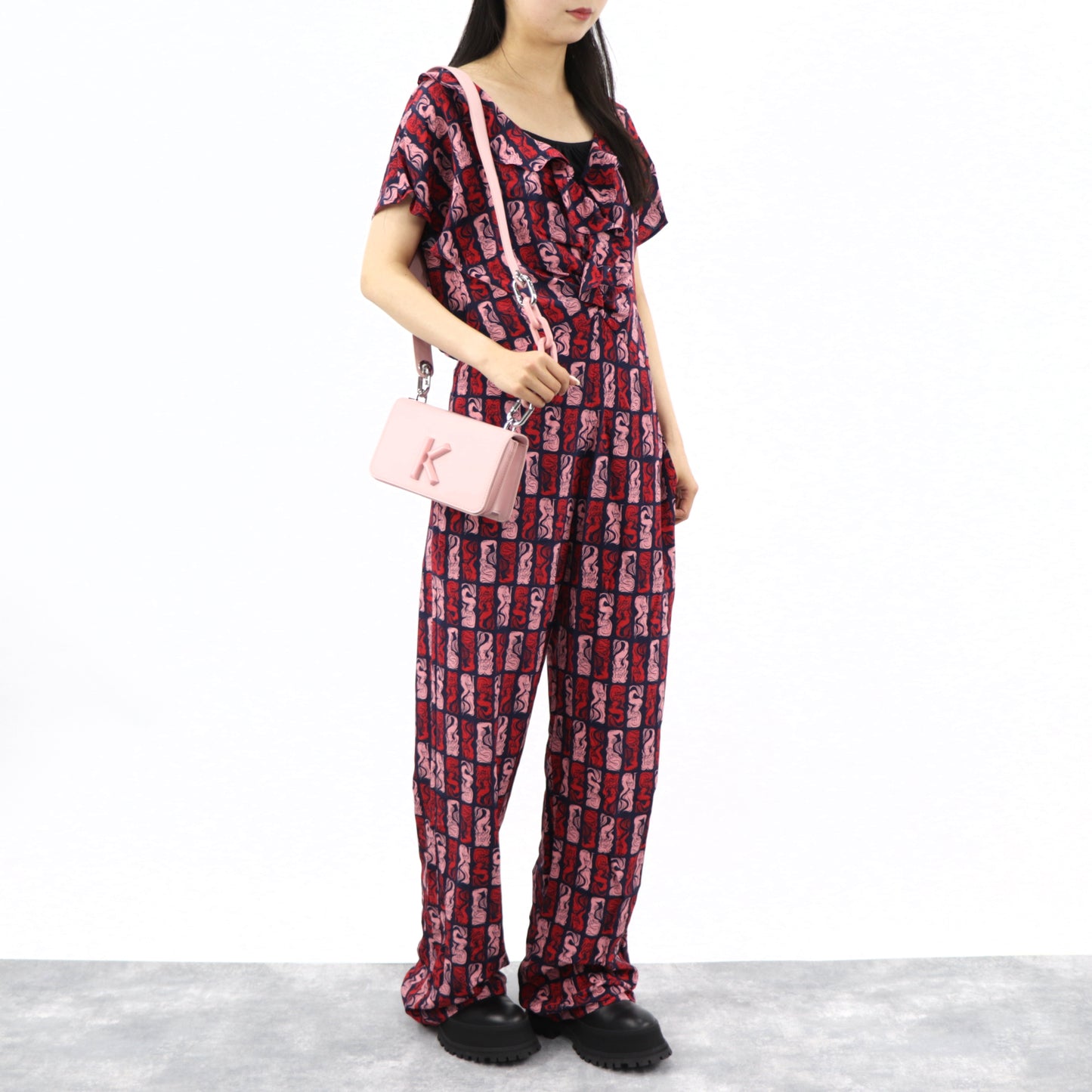 ケンゾー KENZO オールインワン レディース ネイビー シルク 薄手 Vネック 総柄 ボトムス パンツ 袖フレア