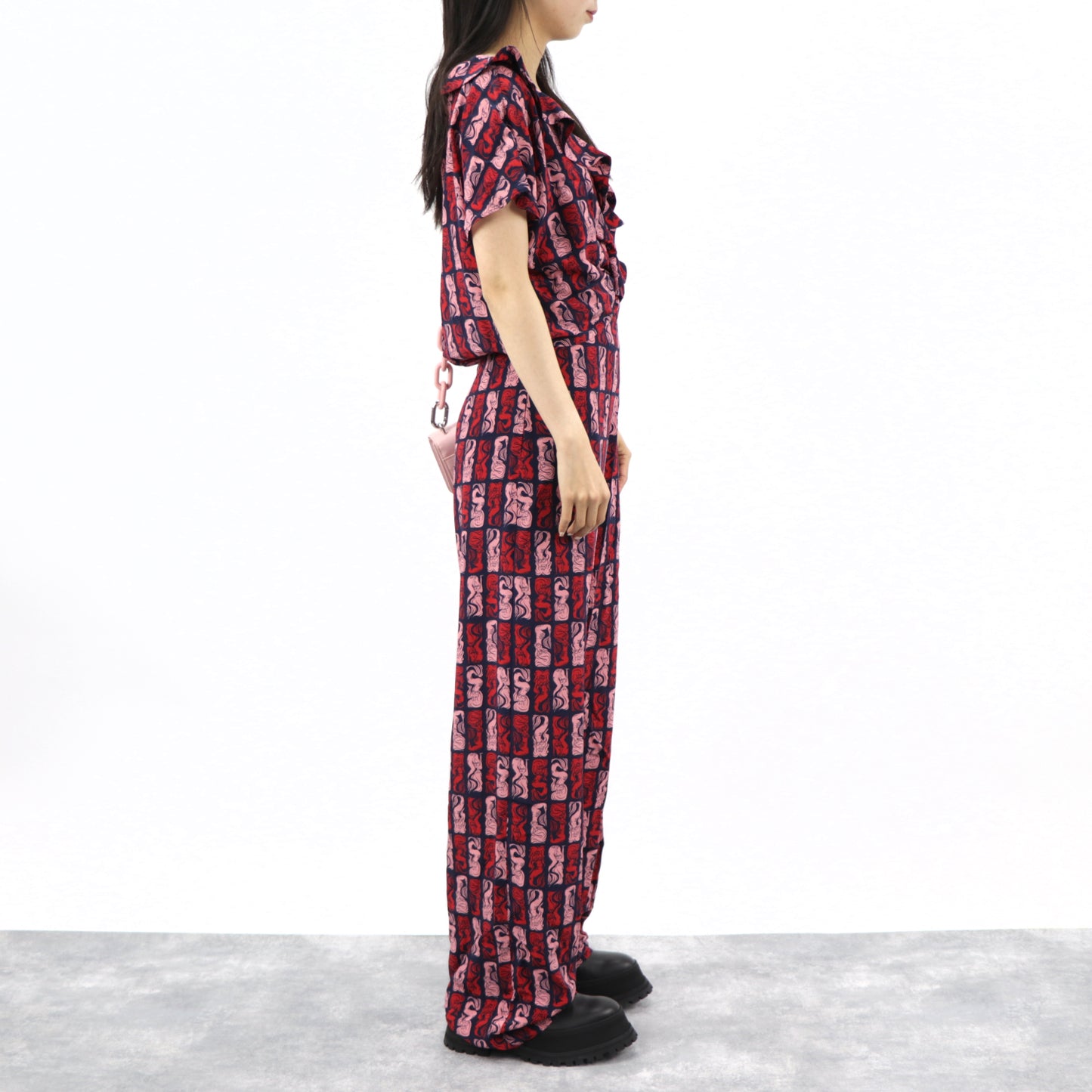ケンゾー KENZO オールインワン レディース ネイビー シルク 薄手 Vネック 総柄 ボトムス パンツ 袖フレア
