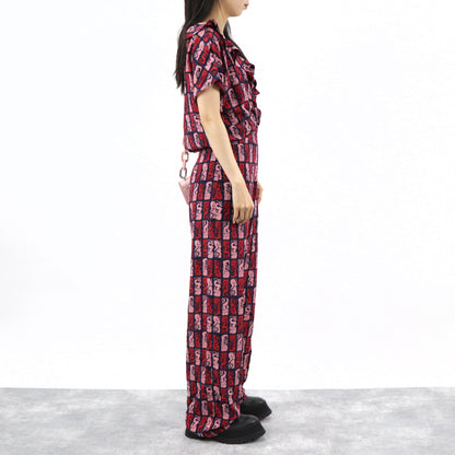 ケンゾー KENZO オールインワン レディース ネイビー シルク 薄手 Vネック 総柄 ボトムス パンツ 袖フレア
