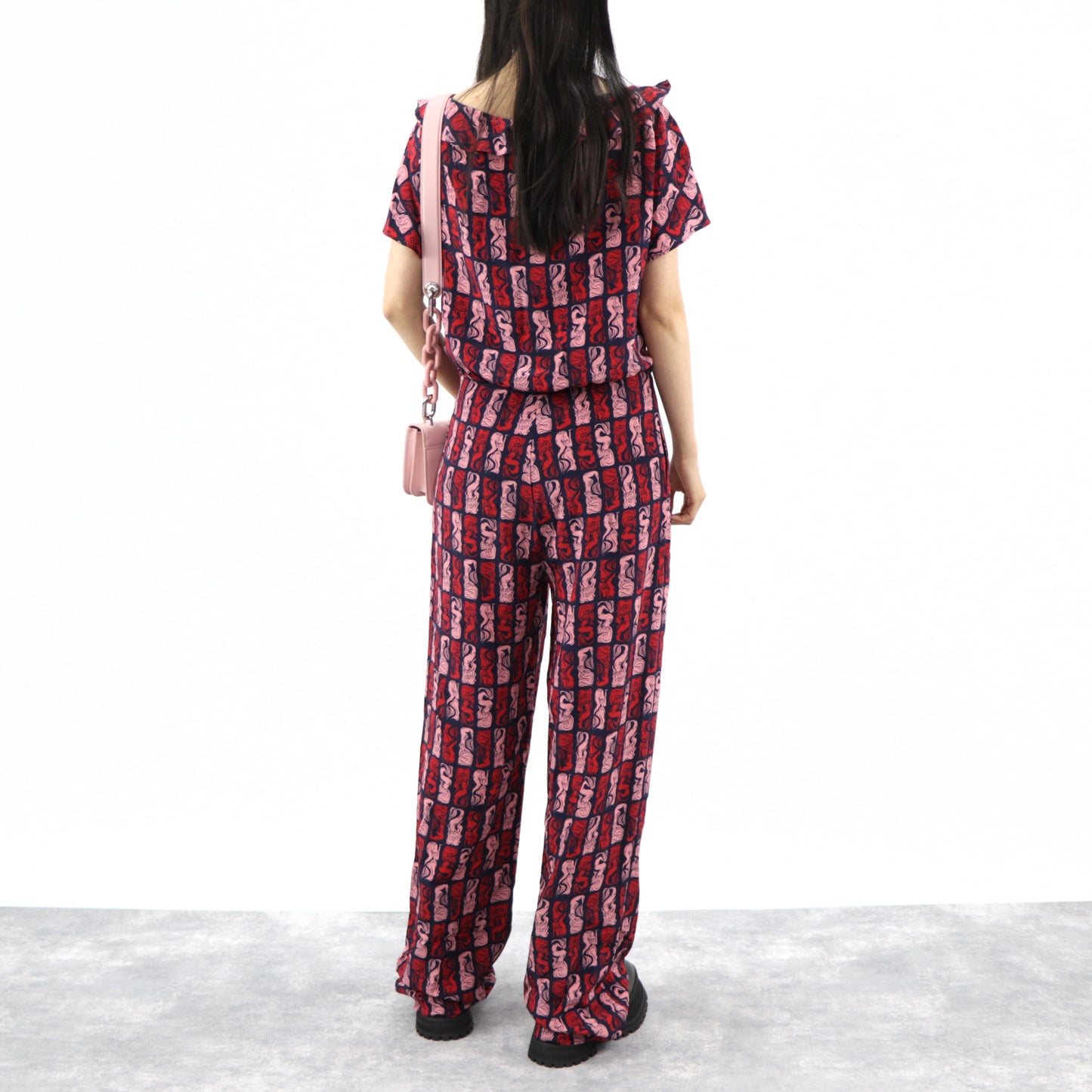 ケンゾー KENZO オールインワン レディース ネイビー シルク 薄手 Vネック 総柄 ボトムス パンツ 袖フレア