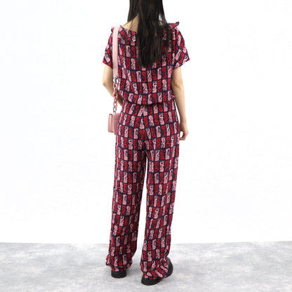 ケンゾー KENZO オールインワン レディース ネイビー シルク 薄手 Vネック 総柄 ボトムス パンツ 袖フレア