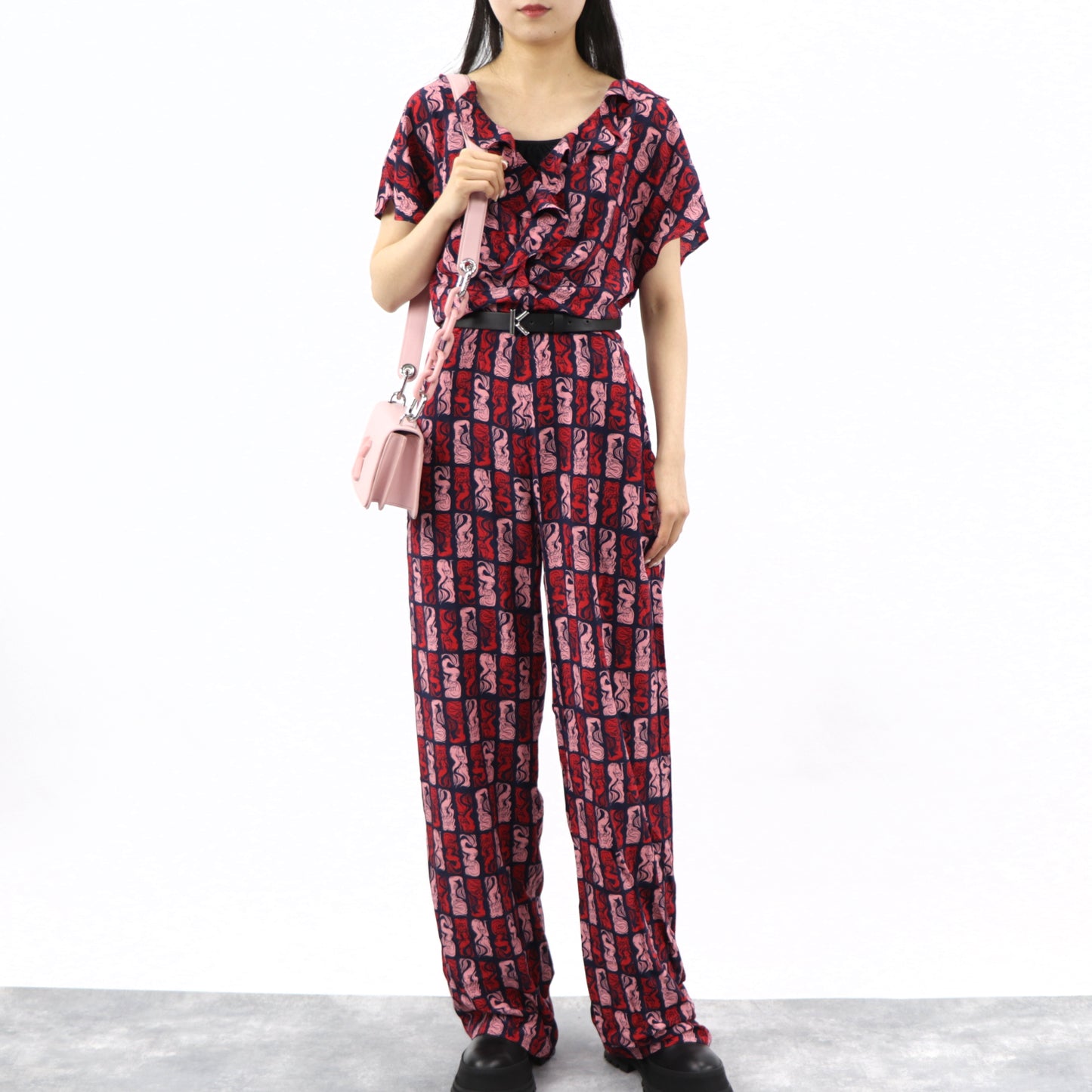 ケンゾー KENZO オールインワン レディース ネイビー シルク 薄手 Vネック 総柄 ボトムス パンツ 袖フレア