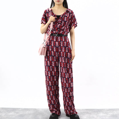 ケンゾー KENZO オールインワン レディース ネイビー シルク 薄手 Vネック 総柄 ボトムス パンツ 袖フレア