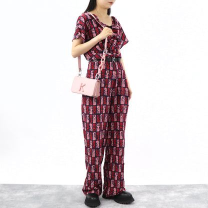 ケンゾー KENZO オールインワン レディース ネイビー シルク 薄手 Vネック 総柄 ボトムス パンツ 袖フレア