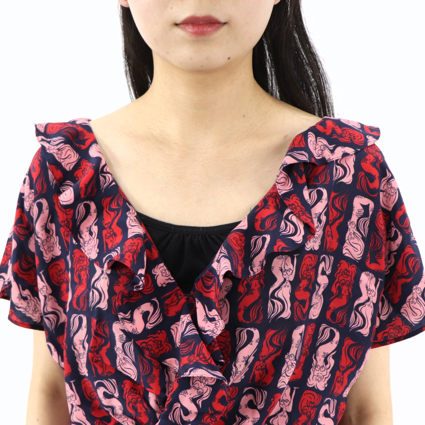ケンゾー KENZO オールインワン レディース ネイビー シルク 薄手 Vネック 総柄 ボトムス パンツ 袖フレア