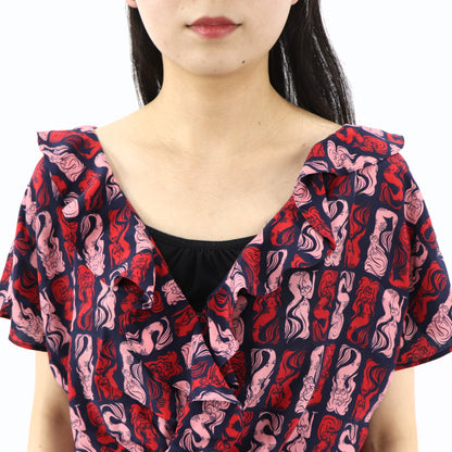 ケンゾー KENZO オールインワン レディース ネイビー シルク 薄手 Vネック 総柄 ボトムス パンツ 袖フレア
