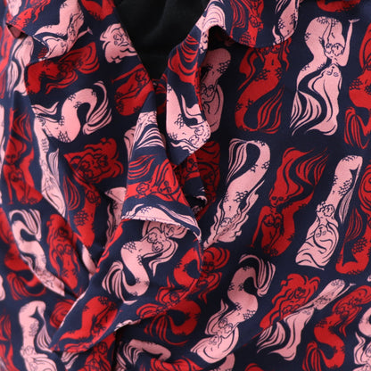 ケンゾー KENZO オールインワン レディース ネイビー シルク 薄手 Vネック 総柄 ボトムス パンツ 袖フレア
