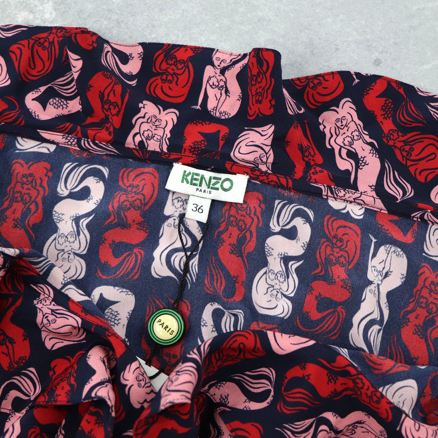 ケンゾー KENZO オールインワン レディース ネイビー シルク 薄手 Vネック 総柄 ボトムス パンツ 袖フレア