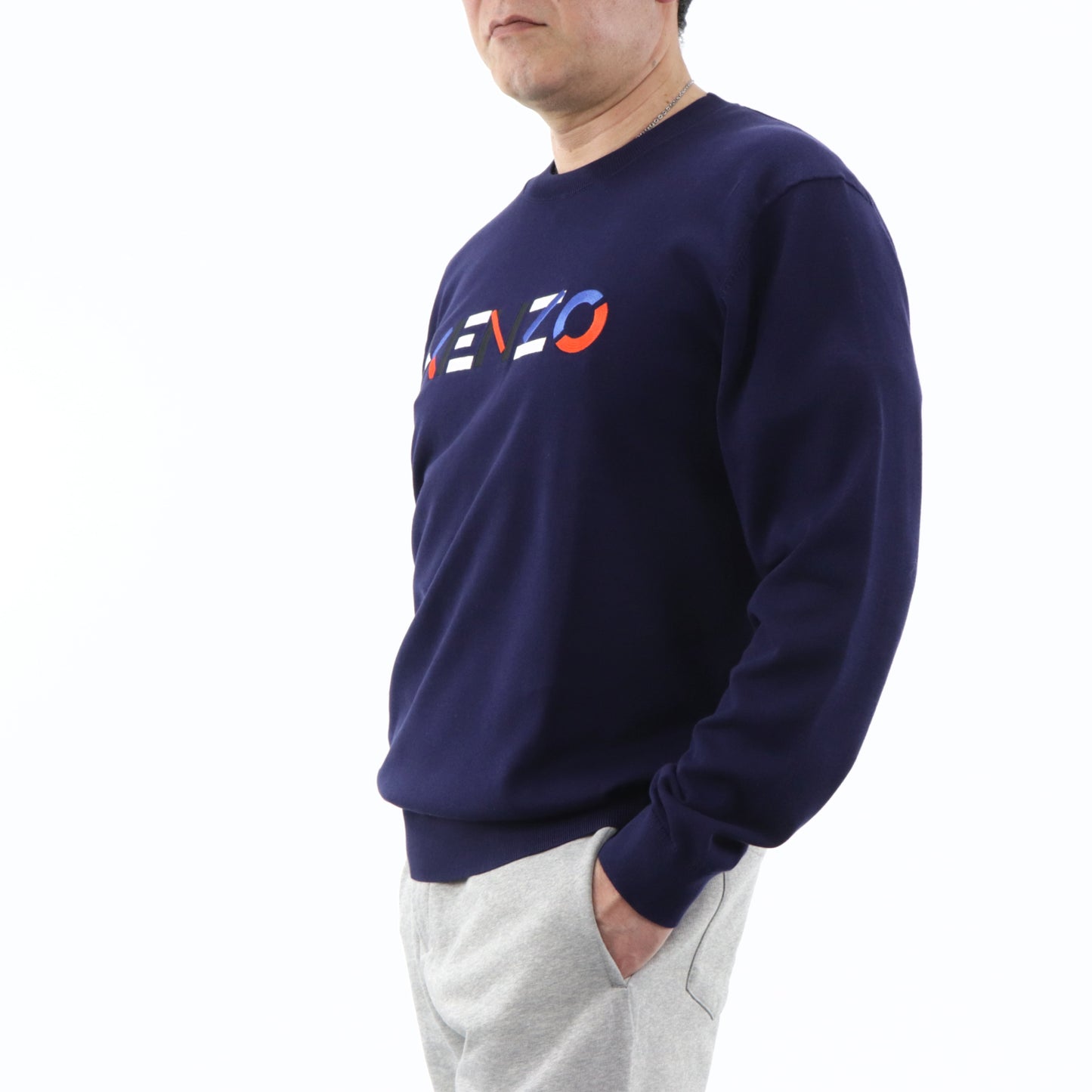 ケンゾー ニット メンズ ネイビー ラウンドネック クルーネック 薄手 ロゴ 刺繍 BFB55PU5413L 76