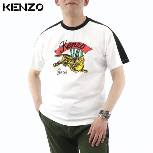 ケンゾー KENZO トップス Tシャツ カットソー メンズ ホワイト ブラック コットン 刺繍 ロゴ プリント バンブータイガー トラ 竹 半袖 F955TS0194CE 01