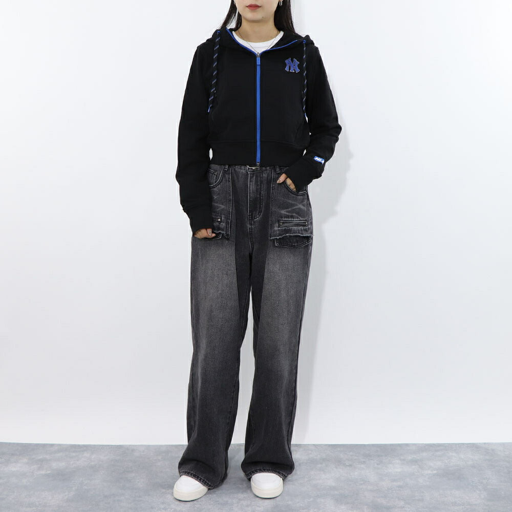 MLB Korea パーカー ブラックヤンキース ショート丈 ジップアップ 3FTRA0424