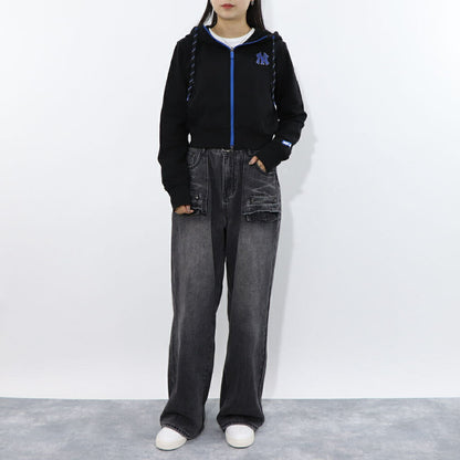 MLB Korea パーカー ブラックヤンキース ショート丈 ジップアップ 3FTRA0424