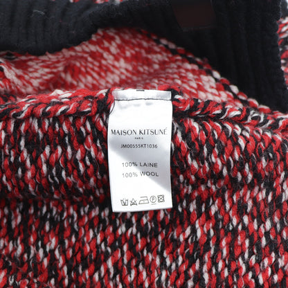 メゾン キツネ ニット カーディガン レッド×ブラック ウール