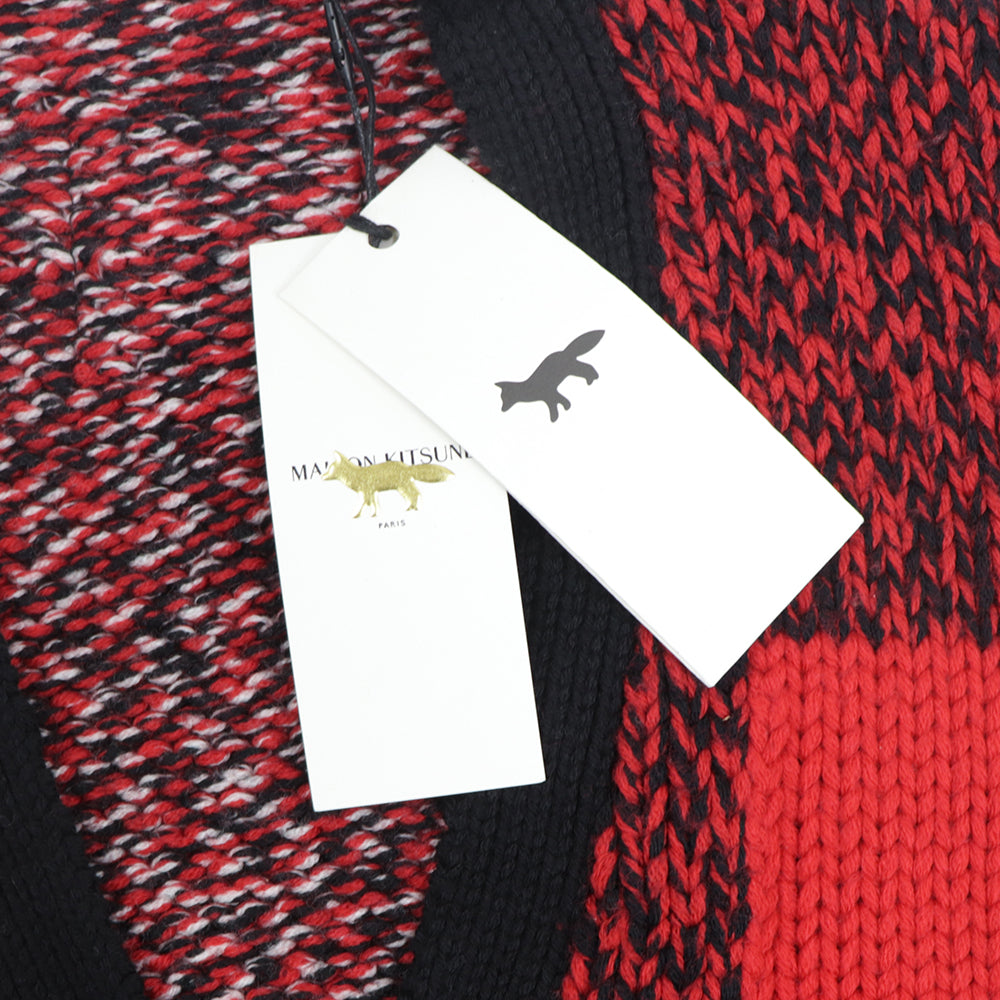 メゾン キツネ ニット カーディガン レッド×ブラック ウール