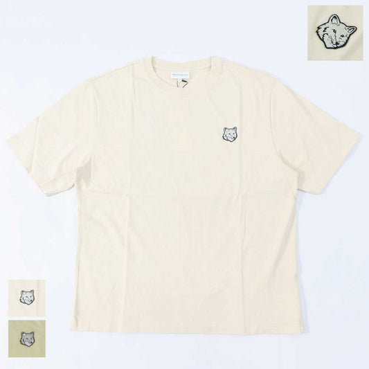 メゾン キツネ MAISON KITSUNE トップス Tシャツ・カットソー メンズ クリーム ライトグリーン フォックスパッチ コットン 無地 ワンポイント 半袖 クルーネック 半袖 LM00107KJ0119
