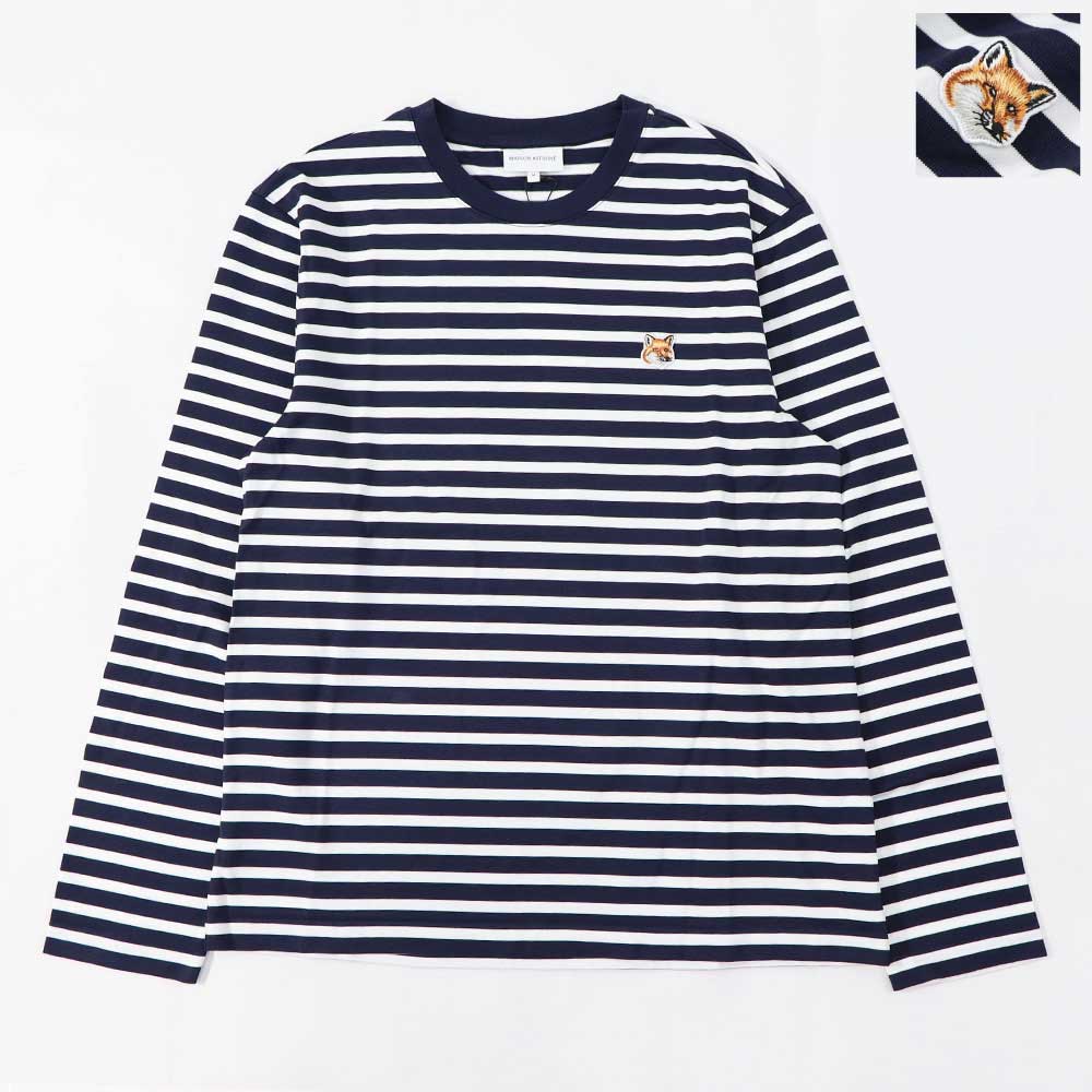 MAISON KITSUNE Tシャツ ネイビー フォックスパッチ ボーダー LM00105KJ0044