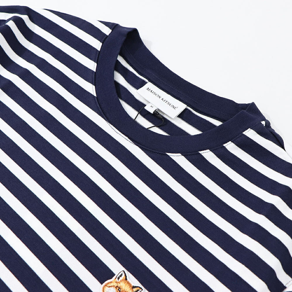 MAISON KITSUNE Tシャツ ネイビー フォックスパッチ ボーダー