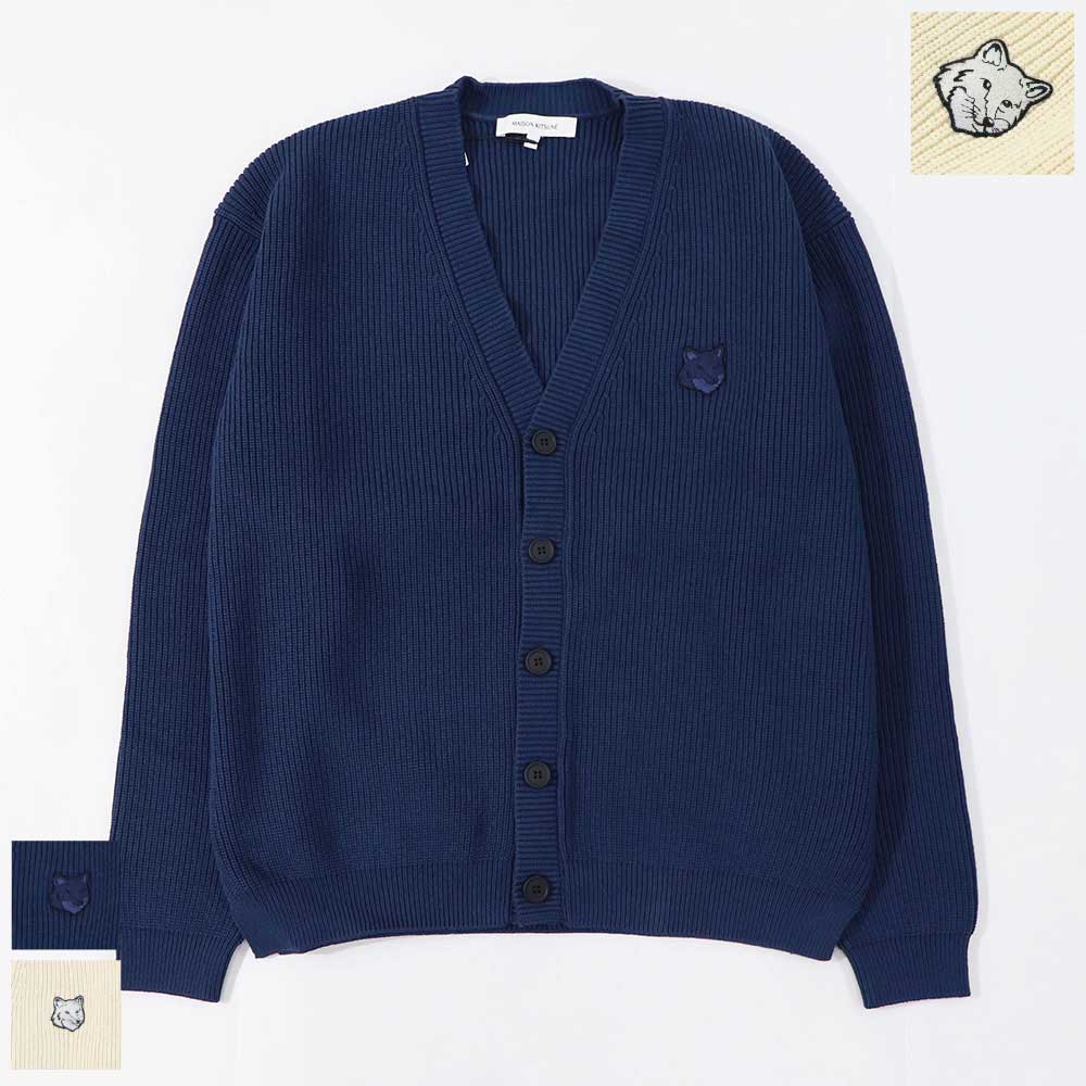 メゾン キツネ MAISON KITSUNE トップス カーディガン メンズ BOLD FOX HEAD PATCH COMFORT RIBBED CARDIGAN クリーム ネイビー フォックスパッチ コットン 無地 ワンポイント 長袖 MM00506KT1098