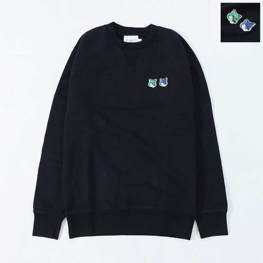 メゾン キツネ MAISON KITSUNE トップス スウェット・トレーナー メンズ DOUBLE FOX HEAD SWEAT ブラック フォックスパッチ スエット 無地 ワンポイント 長袖 クルーネック KM00303KM0001