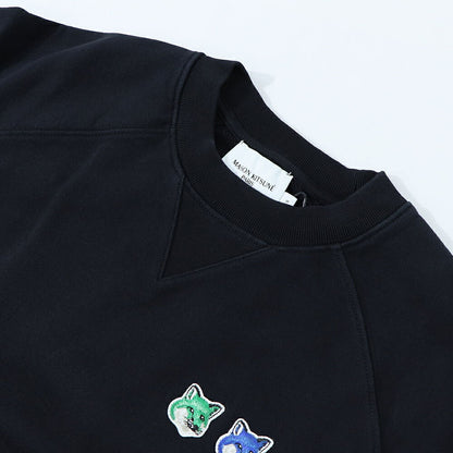 メゾン キツネ MAISON KITSUNE トップス スウェット・トレーナー メンズ DOUBLE FOX HEAD SWEAT ブラック フォックスパッチ スエット 無地 ワンポイント 長袖 クルーネック KM00303KM0001