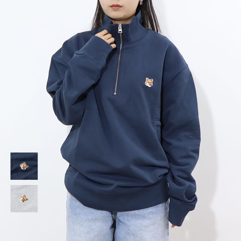 MAISON KITSUNE スウェット グレー ネイビー フォックスパッチ ハーフジップ スエット MM00314KM0001