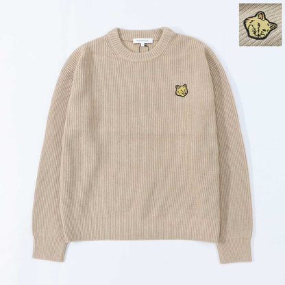 メゾン キツネ MAISON KITSUNE トップス ニット メンズ BOLD FOX HEAD PATCH COMFORT RIBBED JUMPER ベージュメランジ フォックスパッチ ウール カシミア 無地 ワンポイント 長袖 クルーネック LM00818KT1093