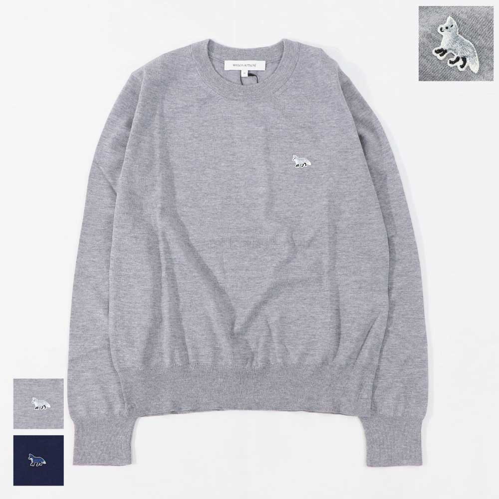メゾン キツネ MAISON KITSUNE トップス ニット レディース  メランジグレー ネイビー ベイビーフォックスパッチ ウール 無地 ワンポイント 長袖 クルーネック MW00816KT1036