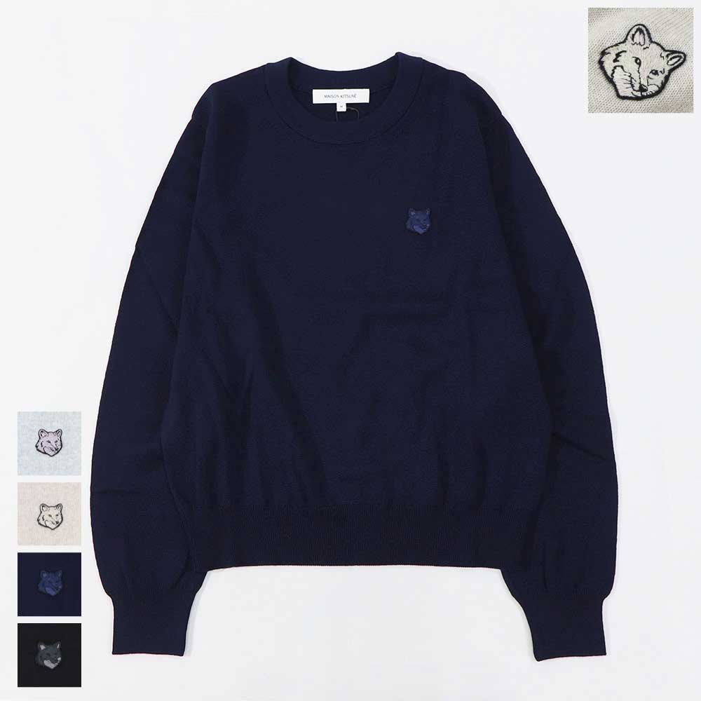 メゾン キツネ MAISON KITSUNE トップス ニット レディース  グレー ライトベージュメランジ ネイビー ブラック フォックスパッチ ウール 無地 ワンポイント 長袖 クルーネック MW00801KT1036