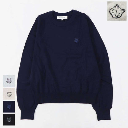 メゾン キツネ MAISON KITSUNE トップス ニット レディース  グレー ライトベージュメランジ ネイビー ブラック フォックスパッチ ウール 無地 ワンポイント 長袖 クルーネック MW00801KT1036