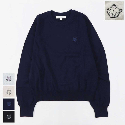 メゾン キツネ MAISON KITSUNE トップス ニット レディース  グレー ライトベージュメランジ ネイビー ブラック フォックスパッチ ウール 無地 ワンポイント 長袖 クルーネック MW00801KT1036