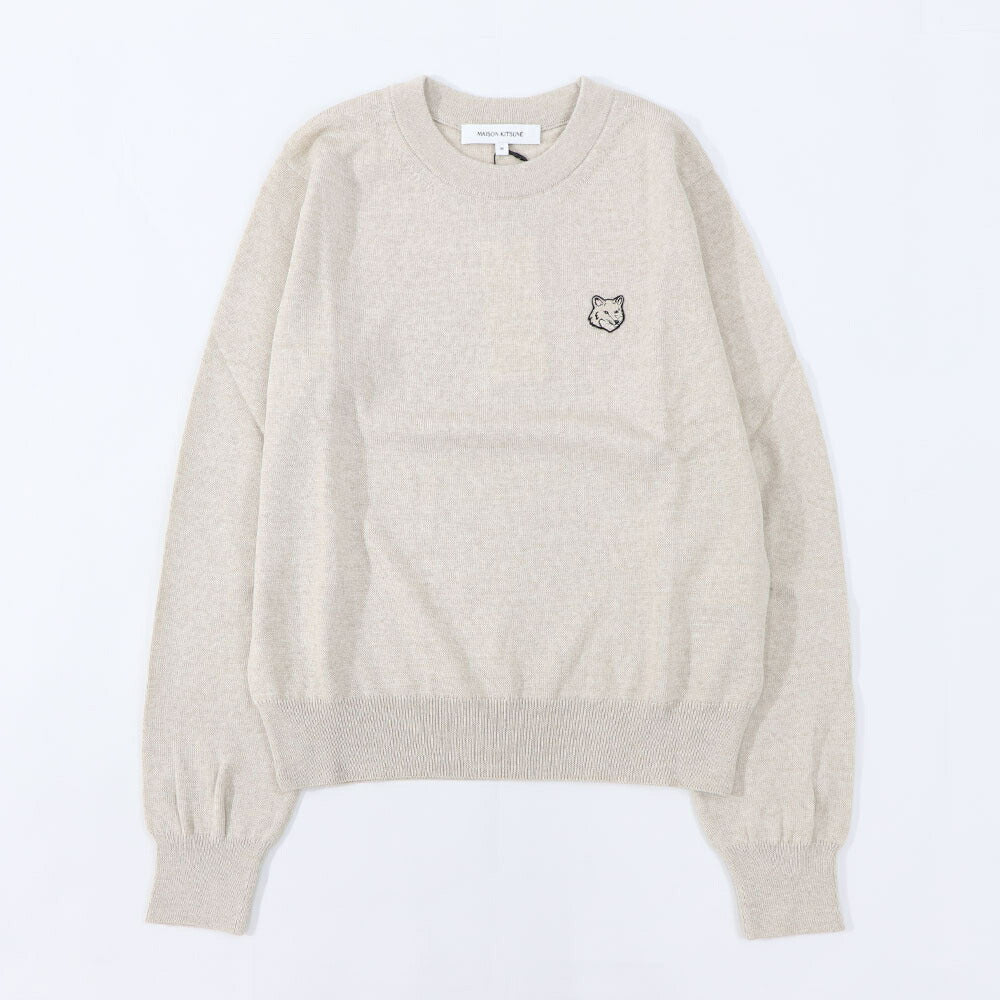 メゾン キツネ MAISON KITSUNE トップス ニット レディース  グレー ライトベージュメランジ ネイビー ブラック フォックスパッチ ウール 無地 ワンポイント 長袖 クルーネック MW00801KT1036