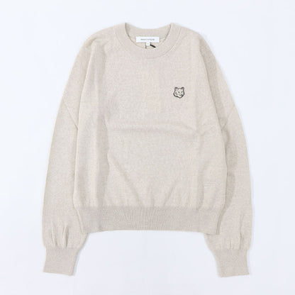メゾン キツネ MAISON KITSUNE トップス ニット レディース  グレー ライトベージュメランジ ネイビー ブラック フォックスパッチ ウール 無地 ワンポイント 長袖 クルーネック MW00801KT1036