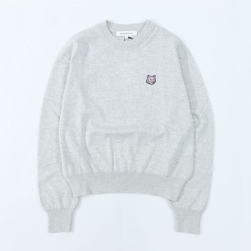 メゾン キツネ MAISON KITSUNE トップス ニット レディース  グレー ライトベージュメランジ ネイビー ブラック フォックスパッチ ウール 無地 ワンポイント 長袖 クルーネック MW00801KT1036
