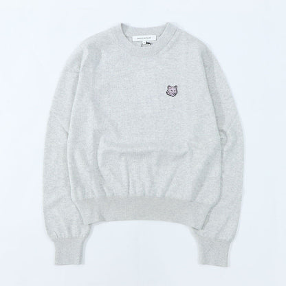 メゾン キツネ MAISON KITSUNE トップス ニット レディース  グレー ライトベージュメランジ ネイビー ブラック フォックスパッチ ウール 無地 ワンポイント 長袖 クルーネック MW00801KT1036