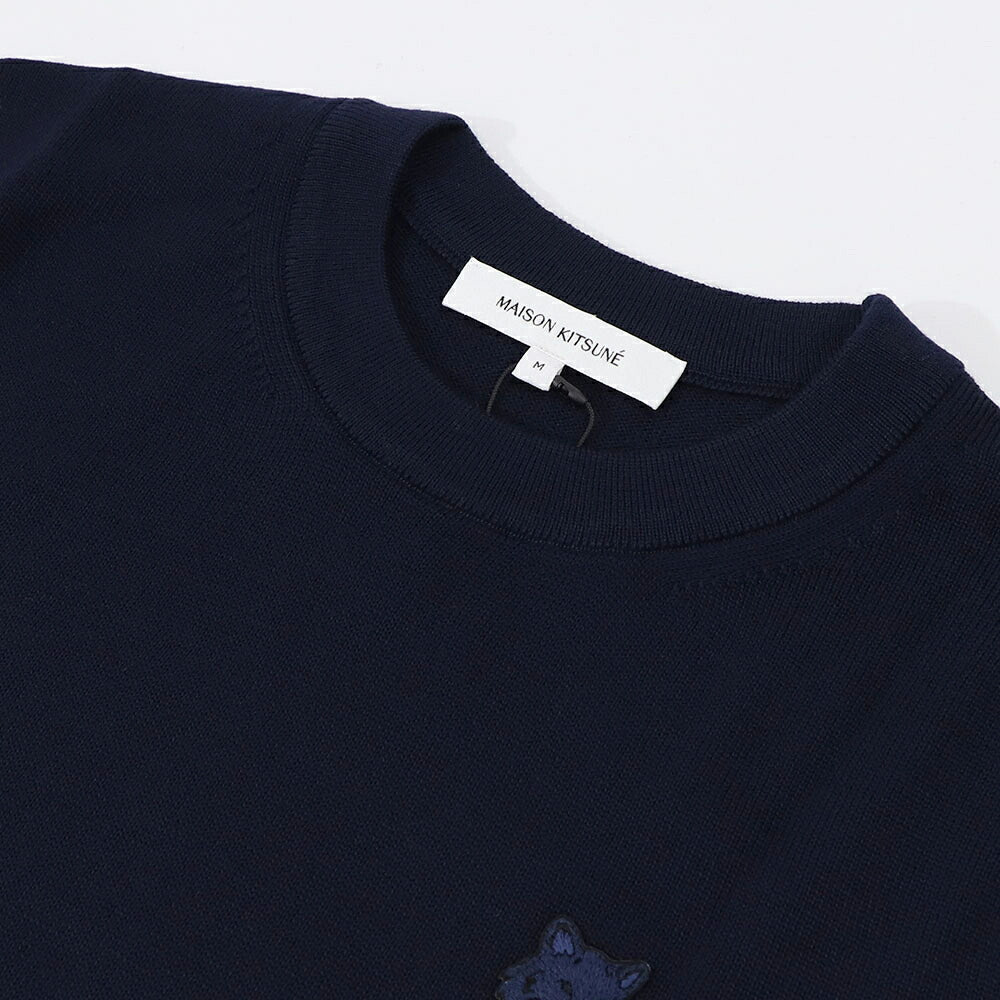 メゾン キツネ MAISON KITSUNE トップス ニット レディース  グレー ライトベージュメランジ ネイビー ブラック フォックスパッチ ウール 無地 ワンポイント 長袖 クルーネック MW00801KT1036
