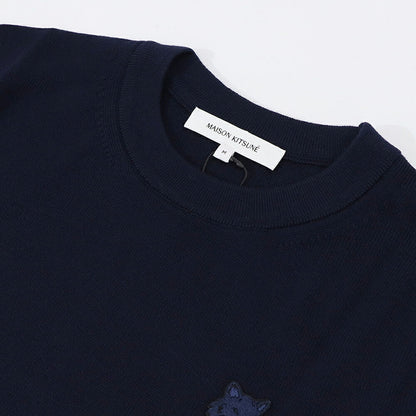 メゾン キツネ MAISON KITSUNE トップス ニット レディース  グレー ライトベージュメランジ ネイビー ブラック フォックスパッチ ウール 無地 ワンポイント 長袖 クルーネック MW00801KT1036
