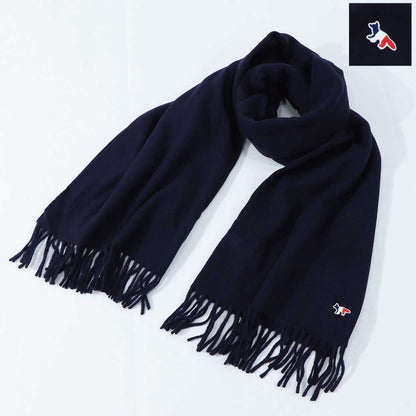 メゾン キツネ MAISON KITSUNE マフラー・ストール・スカーフ マフラー ユニセックス WOOL SCARF ネイビー トリコロールフォックスパッチ 無地 ワンポイント シンプル フリンジ FU06206BT3004