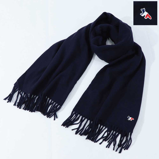 メゾン キツネ MAISON KITSUNE マフラー・ストール・スカーフ マフラー ユニセックス WOOL SCARF ネイビー トリコロールフォックスパッチ 無地 ワンポイント シンプル フリンジ FU06206BT3004