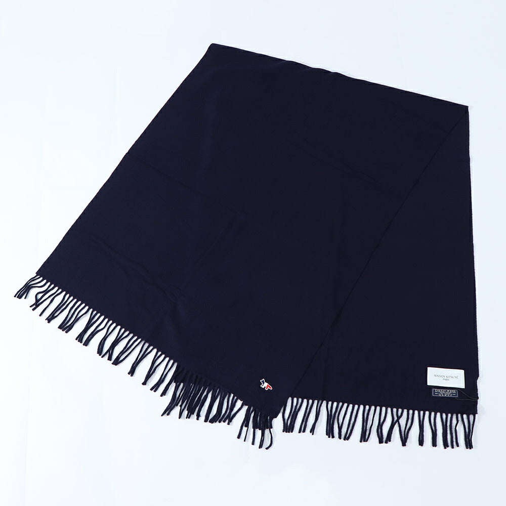 メゾン キツネ MAISON KITSUNE マフラー・ストール・スカーフ マフラー ユニセックス WOOL SCARF ネイビー トリコロールフォックスパッチ 無地 ワンポイント シンプル フリンジ FU06206BT3004