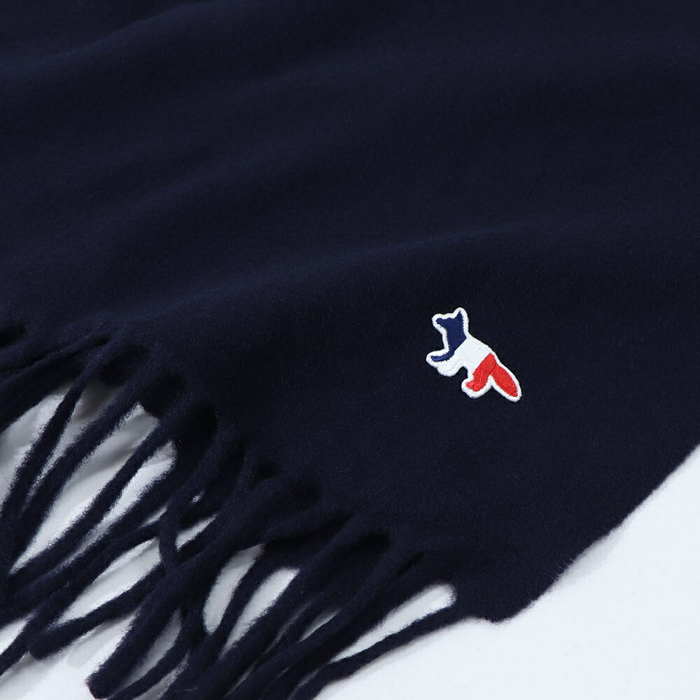 メゾン キツネ MAISON KITSUNE マフラー・ストール・スカーフ マフラー ユニセックス WOOL SCARF ネイビー トリコロールフォックスパッチ 無地 ワンポイント シンプル フリンジ FU06206BT3004