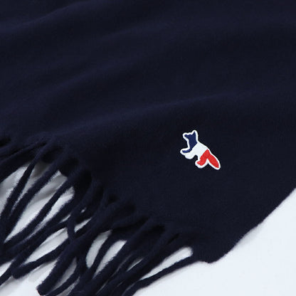 メゾン キツネ MAISON KITSUNE マフラー・ストール・スカーフ マフラー ユニセックス WOOL SCARF ネイビー トリコロールフォックスパッチ 無地 ワンポイント シンプル フリンジ FU06206BT3004