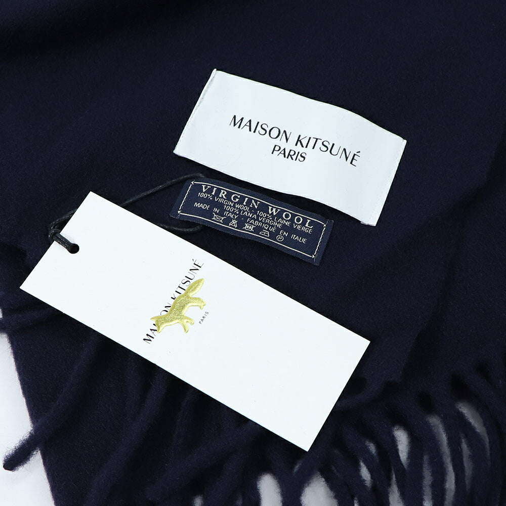 メゾン キツネ MAISON KITSUNE マフラー・ストール・スカーフ マフラー ユニセックス WOOL SCARF ネイビー トリコロールフォックスパッチ 無地 ワンポイント シンプル フリンジ FU06206BT3004