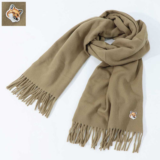 メゾン キツネ MAISON KITSUNE マフラー・ストール・スカーフ マフラー ユニセックス SMALL FOX HEAD WOOL SCARF ベージュ フォックスパッチ ワンポイント ウール シンプル 無地 フリンジ FU06208BT3004