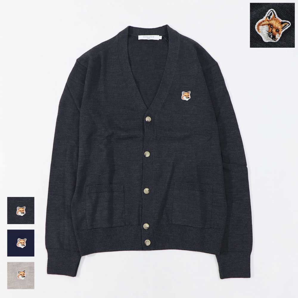 メゾン キツネ MAISON KITSUNE トップス カーディガン・ボレロ レディース FOX HEAD PATCH CLASSIC CARDIGAN グレーメランジ ベージュメランジ ネイビー フォックスパッチ ウール 無地 ワンポイント 長袖 GU00542KT1036