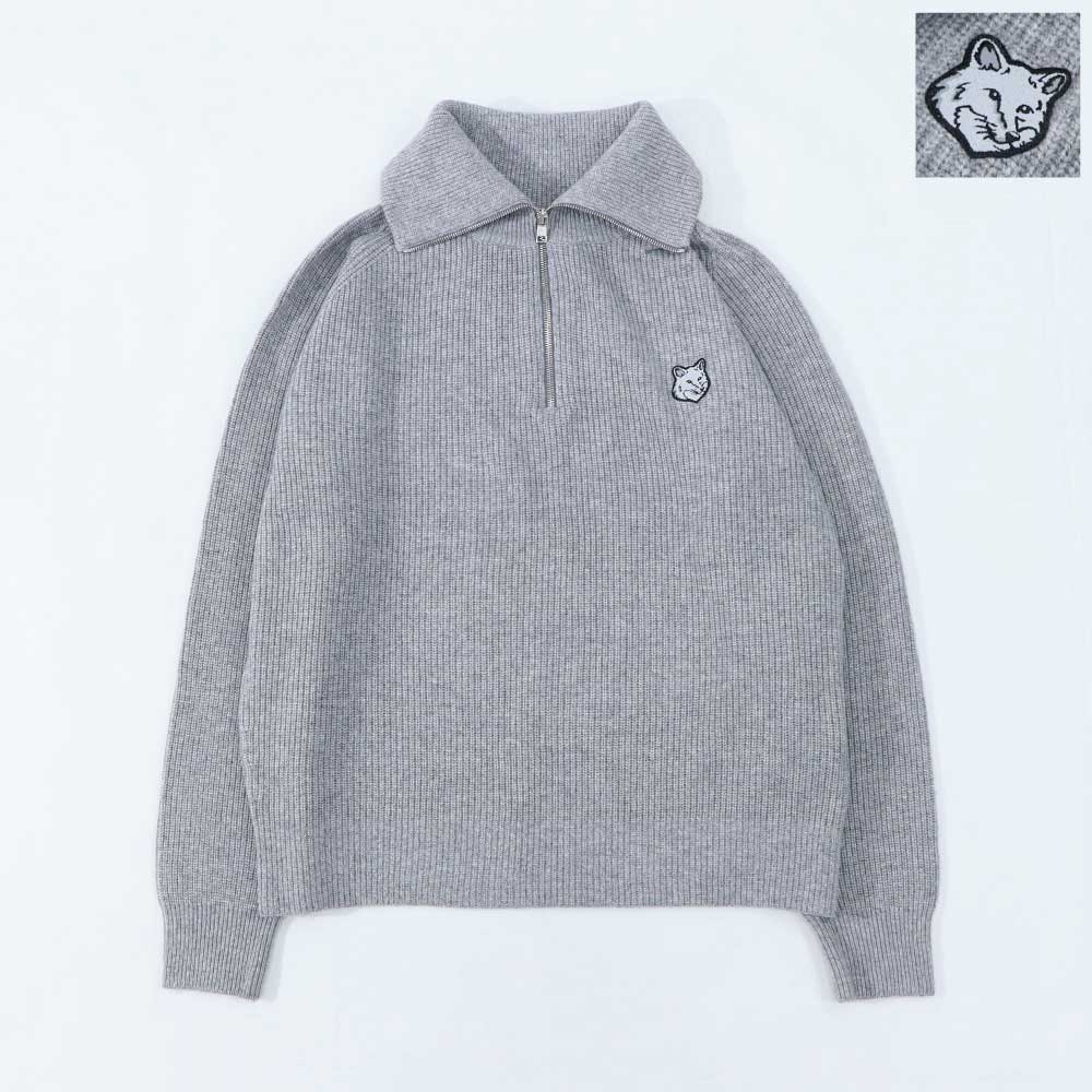 メゾン キツネ MAISON KITSUNE トップス ニット メンズ  グレージュ フォックスパッチ セーター ハーフジップ 無地 ワンポイント 長袖 LM00807KT1093