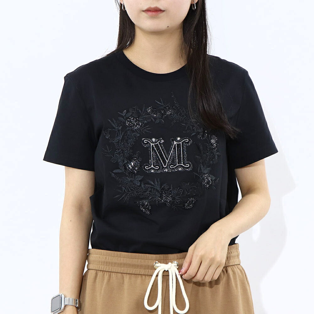 Max Mara Tシャツ ブラック ビジュー ラインストーン ロゴ 半袖 11941011