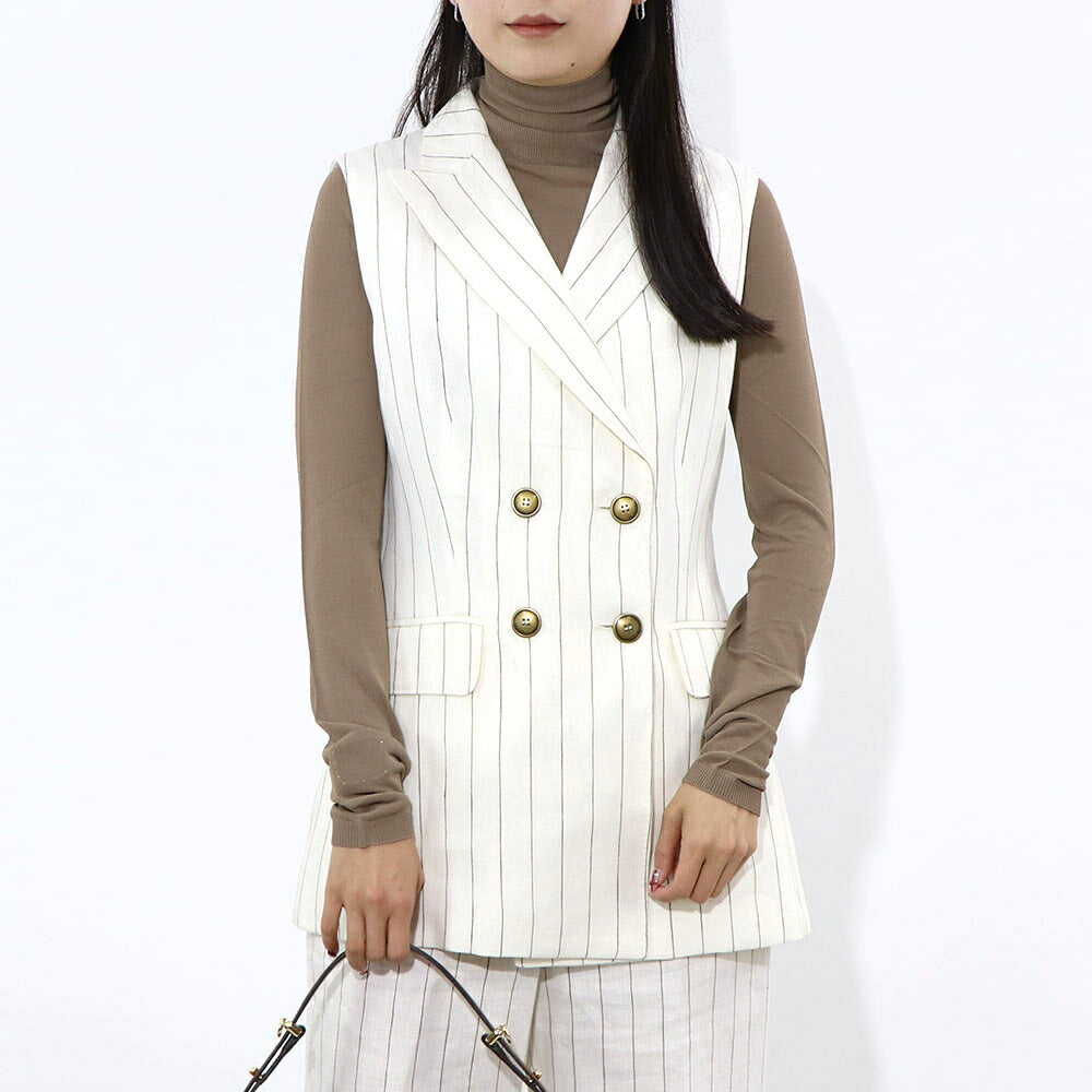 Max Mara オフホワイト リネン キュプラ ストライプ ジレ セットアップ 12810132