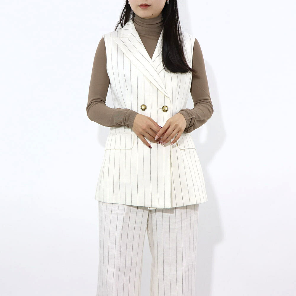 Max Mara オフホワイト リネン キュプラ ストライプ ジレ セットアップ 12810132