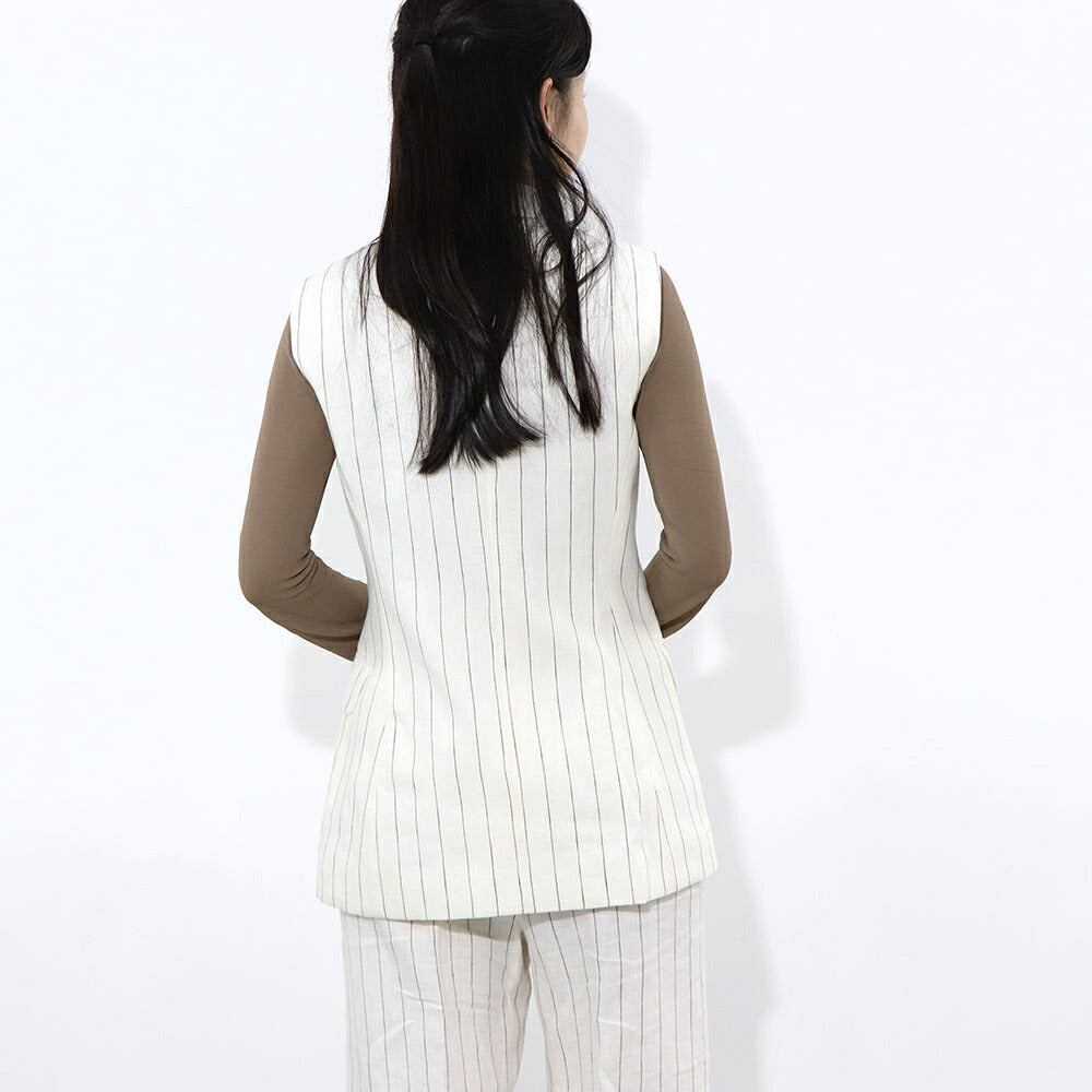 Max Mara オフホワイト リネン キュプラ ストライプ ジレ セットアップ 12810132