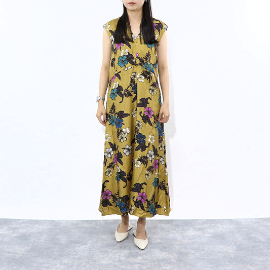 Max Mara ワンピース マスタード シルク 花柄 Vネック 92211832
